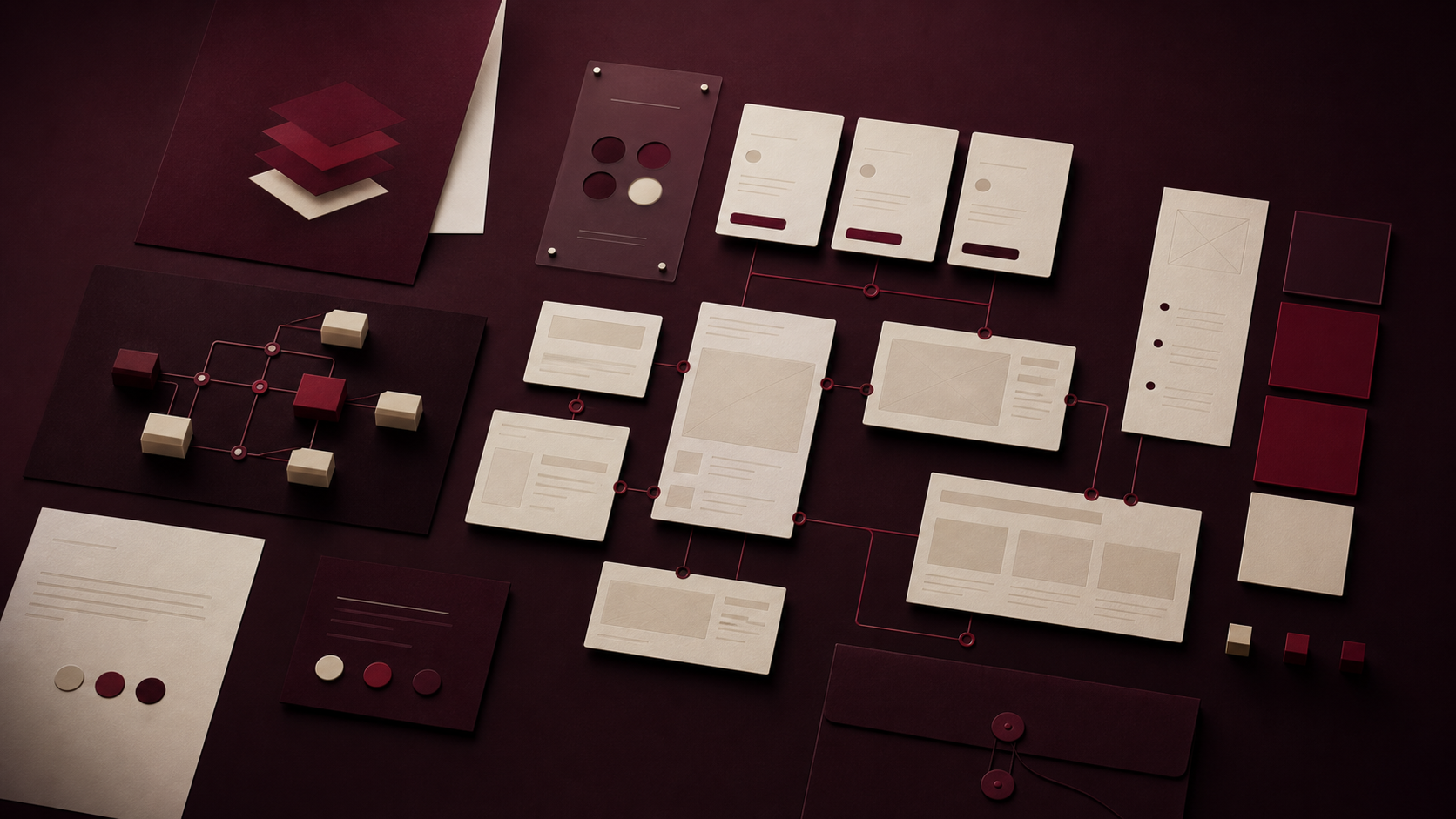 Marketing systems blueprint with wireframe cards, planning notes, and burgundy connection paths.