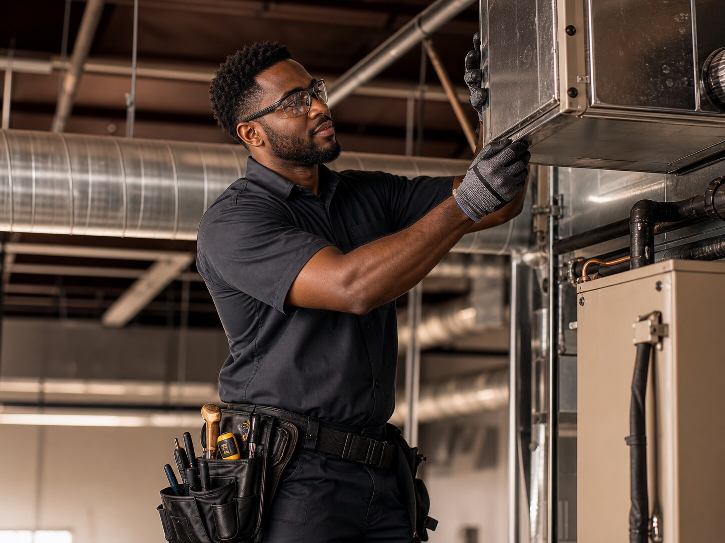 HVAC technician inspecting commercial ductwork and equipment.