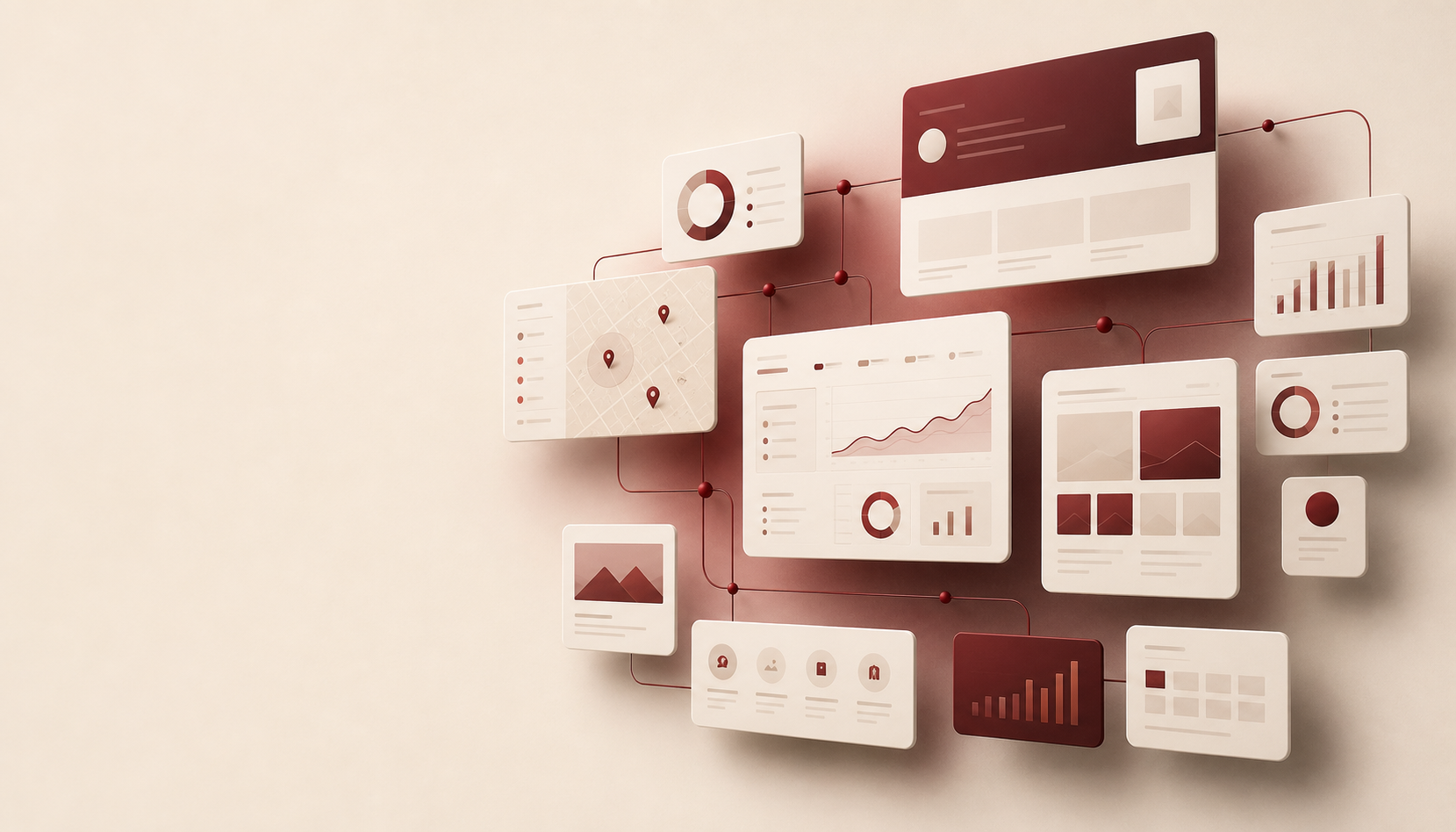 Abstract portfolio system with floating case study cards, performance panels, and burgundy strategy lines.