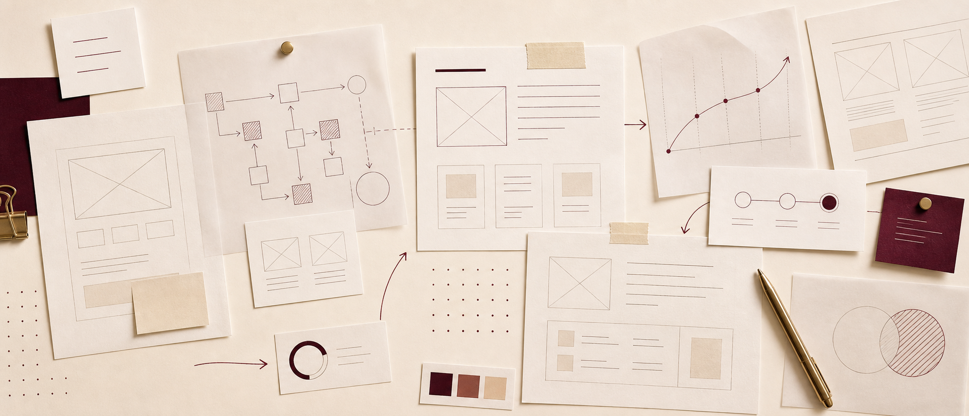 Planning board with wireframes, campaign notes, and burgundy strategy marks.
