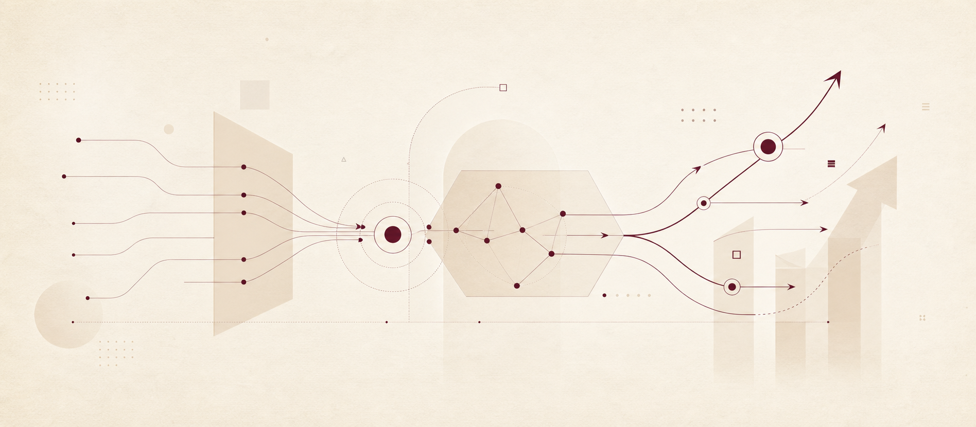 Abstract burgundy strategy map showing connected signals, planning nodes, and upward growth paths.