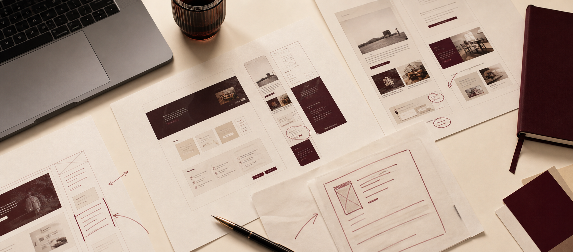 Strategy table with website mockups, campaign notes, and burgundy planning annotations.